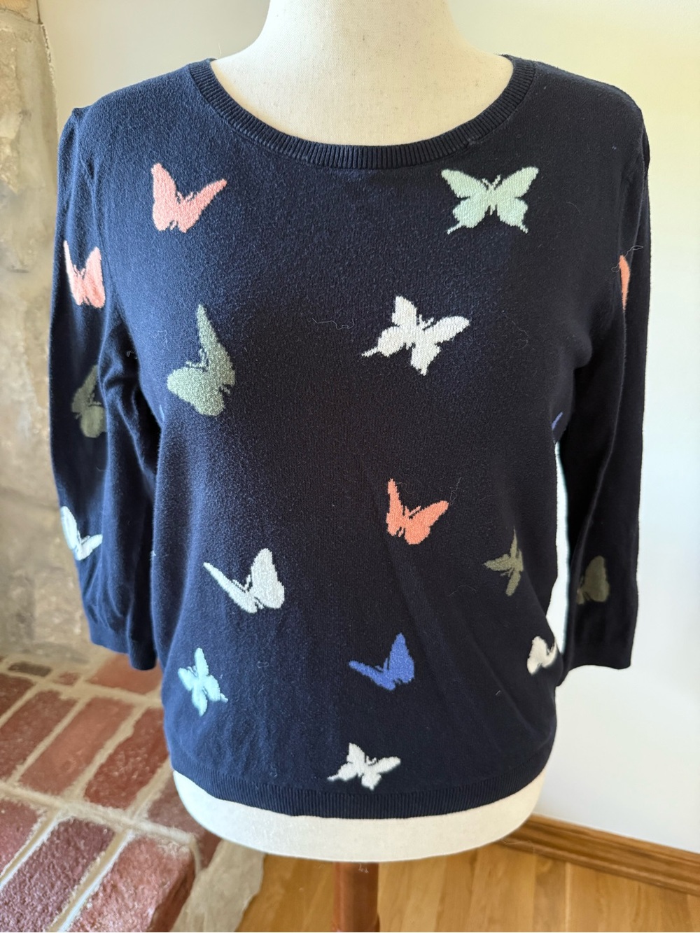Talbots Navy Crewneck Sweater with Pastel Butterfly Motif